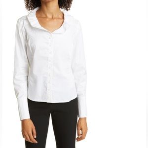 Haute Hippie Ruffle Neck Button-Up Shirt sz L in white